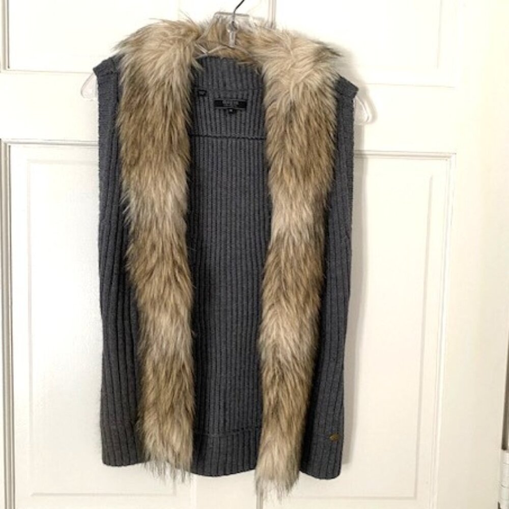 Guess Vest Faux Fur Trim Knit Sweater Gray Medium